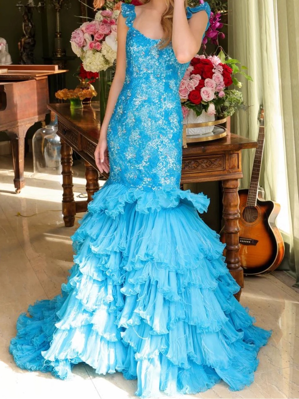 Turquoise Blue Ruffled Mermaid Prom Dress with Sparkling Bodice